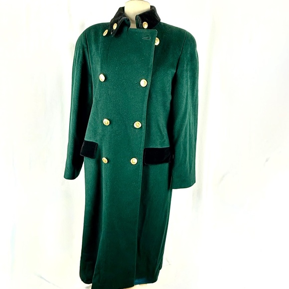 Vintage Christian Dior Coat M Green Wool Double Breasted Military Logo Buttons - Picture 1 of 14